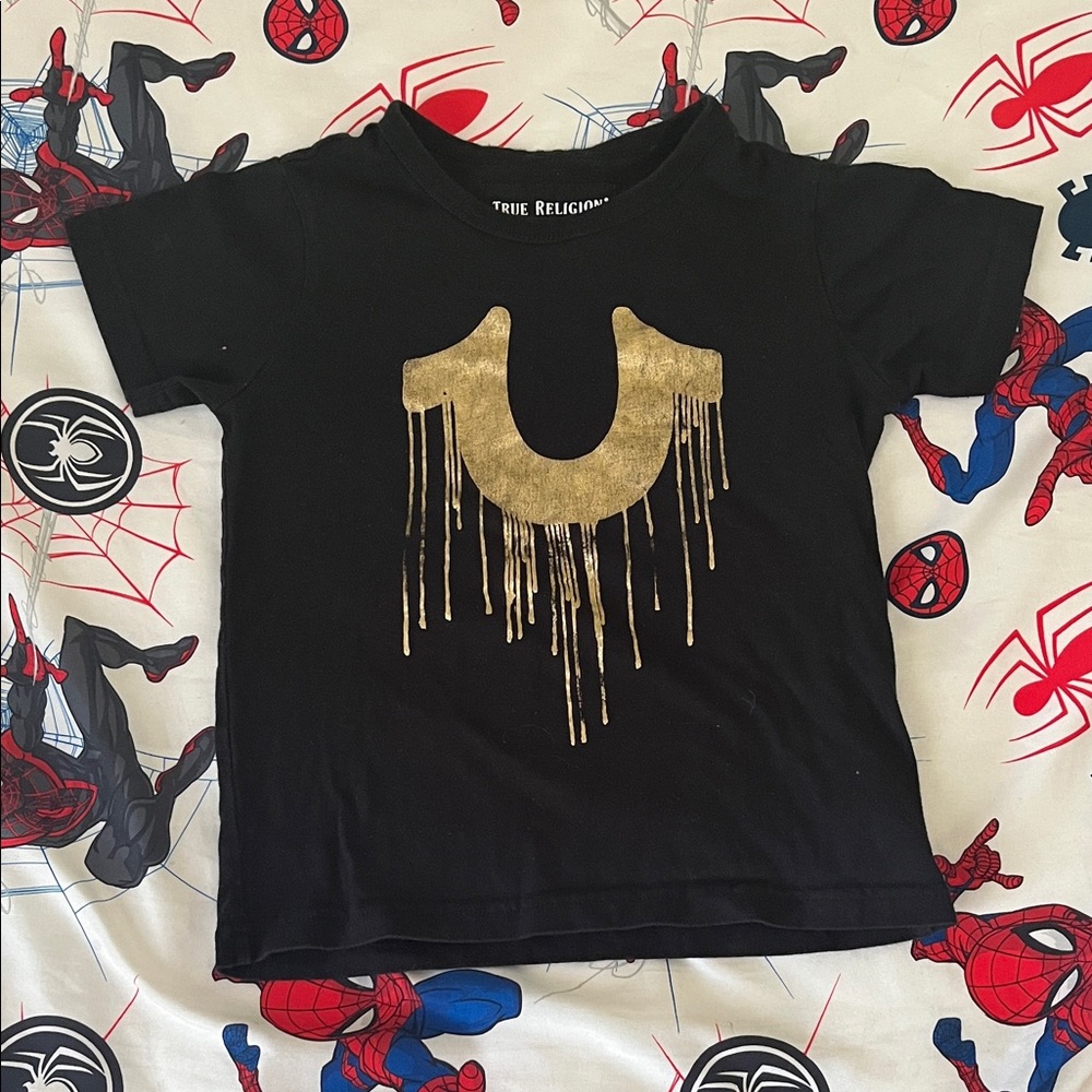 True Religion Black Tee with Metallic Gold Drip Logo